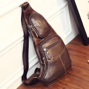Genuine Leather Retro Vintage Men’s Chest Bag Crossbody Messenger Side Shoulder Sling Backpack with Zipper Casual Travel Style