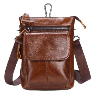 Genuine Leather Small Waist Belt Fanny Pack Vintage Style Men’s Shoulder Bag Button Decoration Waterproof Geometric Pattern Bags