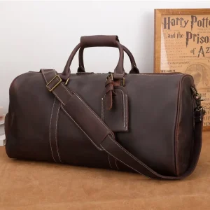 Genuine Leather Travel Bag Men’s Sports Gym Duffle with Zipper Closure for Weekend Overnight Luggage