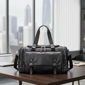 Genuine Leather Vintage Casual Zipper Closure Large Capacity Black Top Grain Cowhide Leather Men’s Travel Duffel Bag
