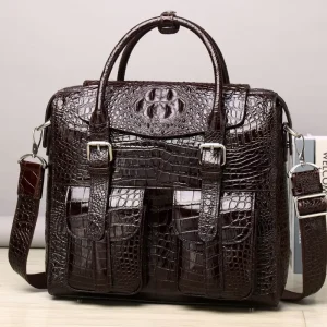 Genuine Leather Vintage Three-dimensional Handbag Shoulder Bag Crocodile Pattern Briefcase Large-capacity Men’s Zipper Polyester