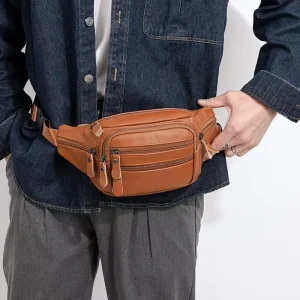 Genuine Leather Waist Bag for Men Cowhide Leather Fanny Bag for Phone Pouch Male Sling Shoulder Bag Unisex Belt Waist Packs