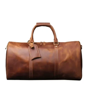 Genuine Leather Waterproof Large Portable Vintage Style Geometric Pattern Travel Duffel Bag with Zipper Closure Gift for Men