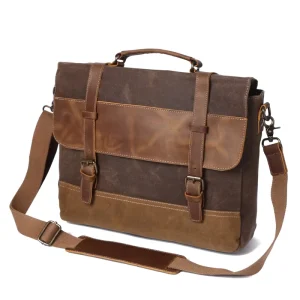 Genuine Leather Waxed Canvas Vintage Men’s Messenger Shoulder Bag Waterproof Crossbody Outdoor Use
