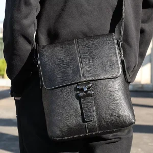Genuine Leather Wear Resistant Flap Style Sling Day Pack Mens Business Casual Crossbody Shoulder Bag