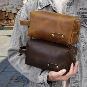 Genuine Leather Zipper Toiletry Bag Top Layer Cowhide Storage Vintage Lady Clutch Wear Resistant Cross Border Supply Portable