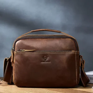 HUMERPAUL Business Men’s Shoulder Bags Handmade Genuine Leather Single Crossbody Bag for Ipad Retro Messenger Satchel Bag