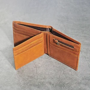 Handmade Vintage Real Genuine Leather Card Holder Bifold Wallet Men Polyester Lining RFID Short Custom Logo Thread