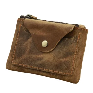 Handmade Vintage Style Men’s Genuine Leather Wallet Casual Slim First Layer Cowhide Coin Purse with Zipper Key Bag Card Holder