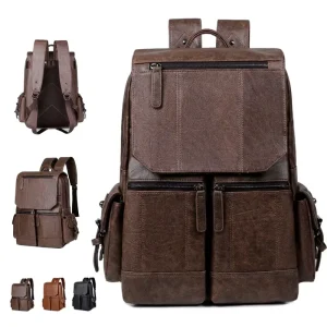 High-End Men’s Large Capacity Vintage PU Leather Laptop Backpack Waterproof PC Business Bag Polyester Zipper for Outdoor Travel