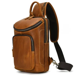 High Quality Cow Leather Men’s One Shoulder Crossbody Bag with Front Zipper Pocket Casual Suspender Postman Bag