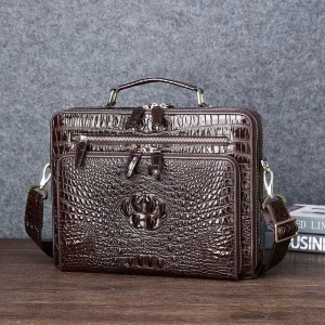 High Quality Genuine Cowhide Leather Briefcase Crocodile Pattern Business Men’s Tote Shoulder Bag with Zipper Closure