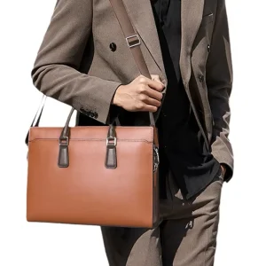 High Quality Genuine Leather Business Men’s Briefcase with Detachable Strap and Laptop Compartment Office Handbag for Work