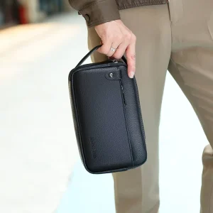 High Quality Luxury Men’s PU Zipper Clutch Bag Large Capacity Business Casual Soft Leather Handbag Multiple Pockets