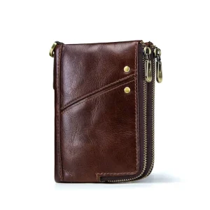 High Quality Mens Genuine Leather Cowhide Zipper RFID Blocking Wallet Card Holder Men Purse