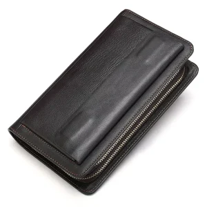 High Quality Men’s Genuine Leather Waterproof Fashion Clutch Bag Double Zipper Long Wallet Sacoche Checkbook Card Holder
