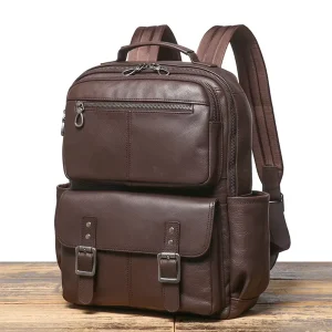High Quality Men’s PU Leather Backpack Strong Shoulder Strap Luxury Design Book Bag with Laptop Compartments for Business Trip