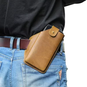 High Quality Men’s Vintage Genuine Leather Waterproof Cell Phone Case Holster Clip Belt Loop Button Closure Waist Pouch Bag
