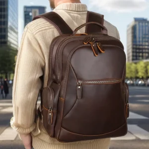 High Quality Vintage Style Brown Full Grain Leather Backpack Bag Men’s Genuine Leather Laptop Backpack Zipper Closure Travel