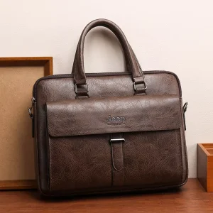 Horizontal Men’s Briefcase Large Capacity Single Shoulder Handbag for Men PU Leather Crossbody Briefcase