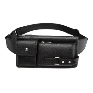 I 0326 Customized Logo Black PU Leather Retro Waist Men’s Multifunctional Waterproof Waist Bag