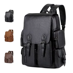 In Stock Men’s Vintage PU Leather Laptop Backpack Large Capacity Travel Bookbag Business Work Bag for Cycling Hiking Camping