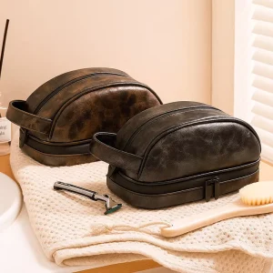 In Stock Wet & Dry Separation Men’s Travel Luxury Toiletry Bag Double Layer Soft Pu Leather Daily Toiletry Storage Bag