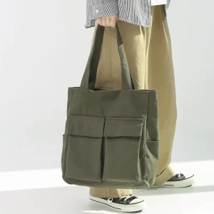 Japanese Style Vintage Men’s Foldable Canvas Tote Bag with Zipper Closure and Two Handles Large Capacity for Commuting and Travel