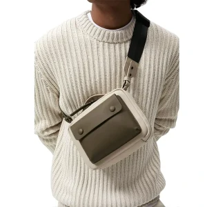 Khaki Rubber Leather Men Cross Body Sling Pouch Shoulder Messenger Bag for Men