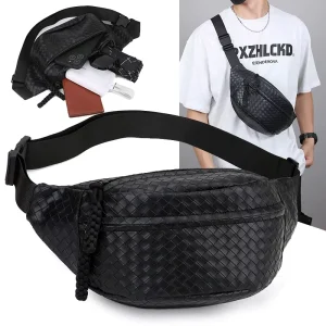Korean Fashion Men’s Waist Bag Large Capacity Leisure European American Fashion Check Messenger Bag PU