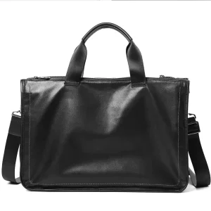 Large Capacity 15.6″ Genuine Sheepskin Leather Computer Bag Woven Men’s Shoulder Briefcase Handbag for Laptop Travel
