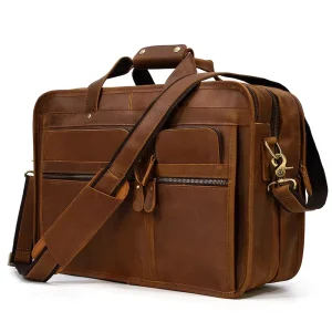 Large Capacity Business Travel Genuine Leather Briefcase Duffel Bag for Men Fits 17 Inches Laptop