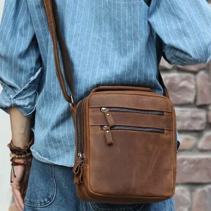 Large Capacity Custom Cowhide Leather Purse Shoulder Bag Vintage Crossbody Messenger for University Men Daily Use