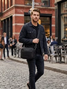Large Capacity Dark Style Button Crossbody Bag Men’s Motorcycle Style Shoulder Handbag PU Zipper Messenger Bag
