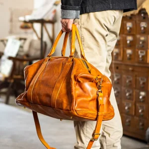 Large Capacity Genuine Leather String Closure Travel Bag Men’s Vintage Handbag Shoulder Crossbody Unisex