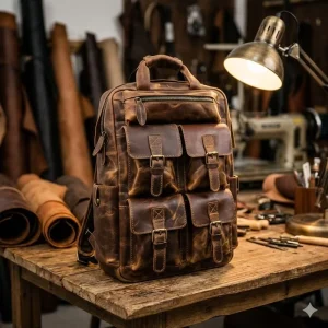 Large Capacity Genuine Leather Vintage Style Men’s Backpack with Zipper Closure Water-resistant Laptop Bag