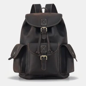 Large Capacity Men’s Backpack Retro Leisure Travel Drawstring Bucket Schoolbag Men’s Vintage Leather Backpack