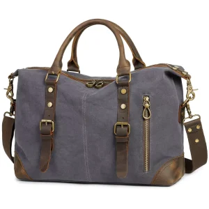 Large Capacity Men’s Canvas Travel Work Handbag Messenger Bag with Genuine Leather Handle