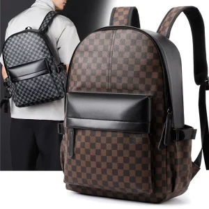 Large Capacity Men’s Casual Backpack with Plaid Design Business Trend Waterproof Polyester Zipper Closure for School Travel Work