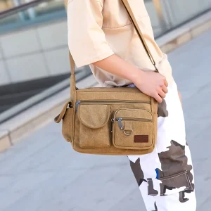 Large Capacity Men’s Casual Canvas Messenger Bag Fashionable Single Shoulder Business Crossbody Bag with Button for Summer