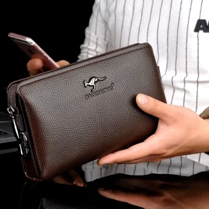 Large Capacity Men’s Fashion Clutch Bag Business Soft PU Leather Zipper Closure Waterproof AntiTheft Wallet Handbag