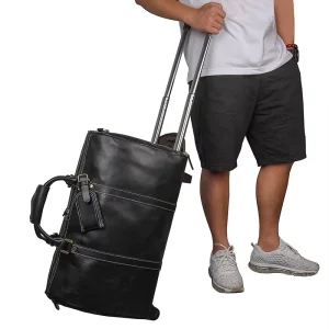 Large Capacity Men’s Genuine Leather Rolling Wheel Duffel Bag With Trolley Travel Leather Bag