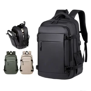 Large Capacity Men’s PU Leather Backpack Customized Logo Anti Theft USB Zipper Business Travel Bag Polyester