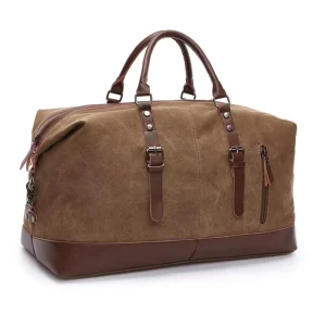 Large Capacity Men’s Tote Travel Bag Casual Canvas with Faux Leather Crossbody Luggage Bag Gym Weekend Bag Weekender Travel Bag