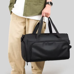 Large Capacity Men’s Vintage Black Waterproof Gym Sports Duffel Bag Multiple Pockets Handheld Weekend Overnight Polyester Zipper