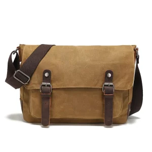 Large Capacity Men’s Waterproof Leather Canvas Crossbody Messenger Bag Single Shoulder Bag