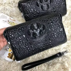 Large Capacity Portable Fashion Men’s 100% Crocodile Leather Clutch Bag Business Anti Theft Handbag 24x15x6CM Zipper Closure