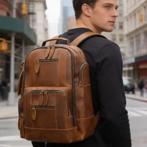 Large Capacity Retro Crazy Horse Leather Backpack Vintage Style Multi Functional Men’s Travel Computer Backpack