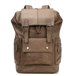 Large Capacity Retro Korean Style Men’s Backpack with Flip Cover Fashionable PU Backpack