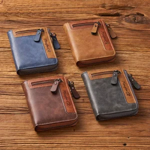 Large Capacity Retro Men’s Short Zipper Multi Function Money Clip Wallet PU Business Portable Coin Wallet